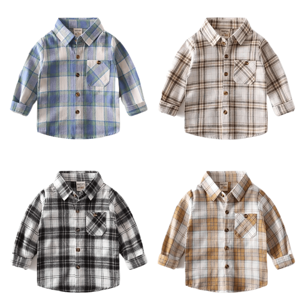 Plaid Long-Sleeved Toddler Boys Flannel Shirt - SF3521 in four colors, showcasing the stylish design and button-down feature.